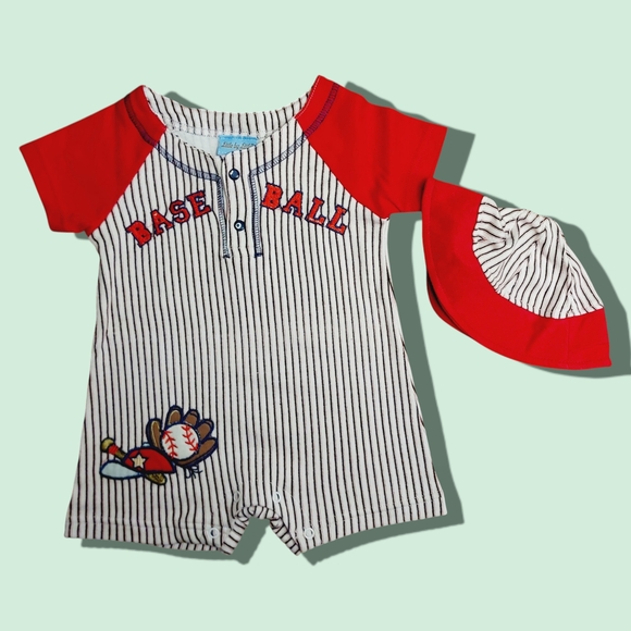 Little By Little Other - Little By Little | Baseball Striped Baby Romper w. Cap | 3/6 Months | NEW |NWT|